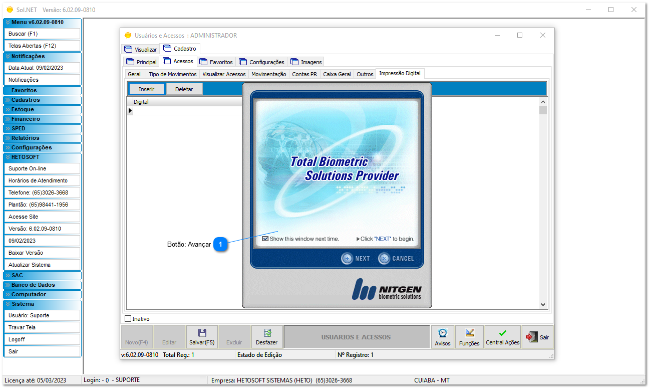 6.2.2. Cadastro de digital