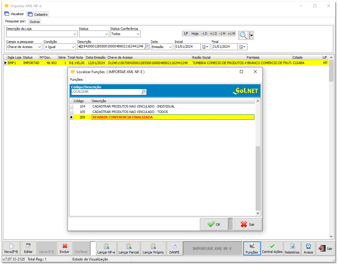 8.7.3. Conferência final no Sol.NET - Importar XML