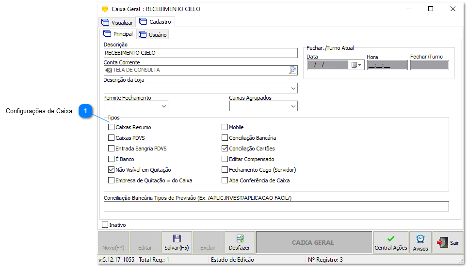 4.3.3. Configurações de Recebimento - Cadastro de Caixa Geral