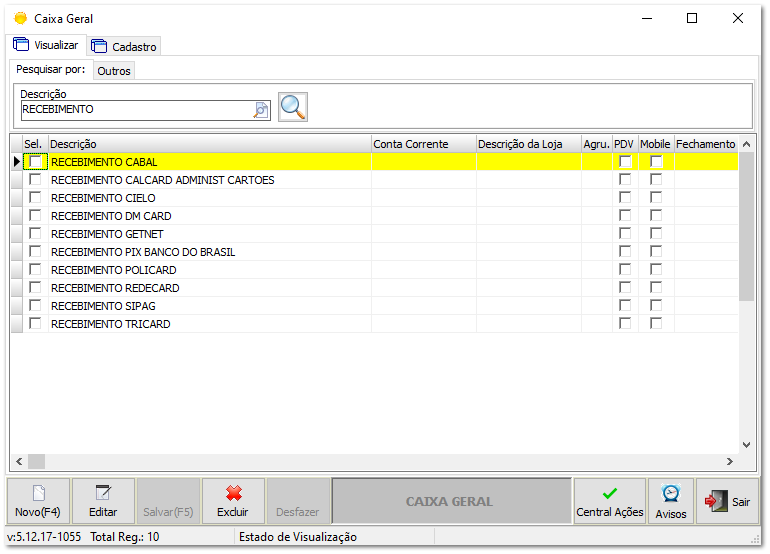 4.3.3. Configurações de Recebimento - Cadastro de Caixa Geral