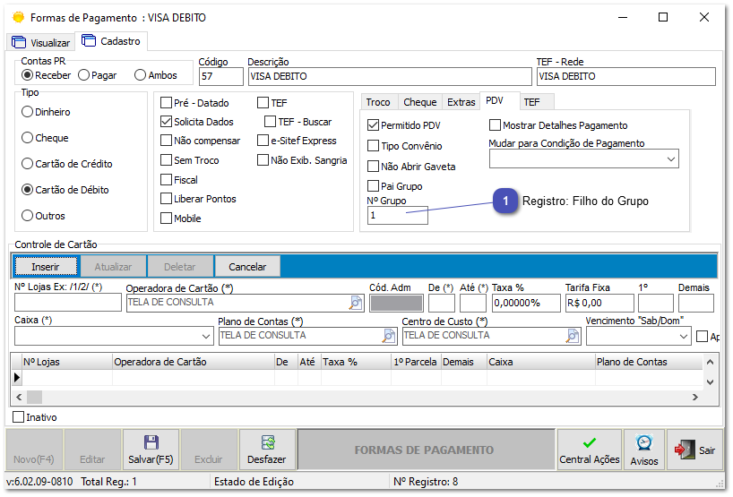 4.3.4. Configurações de Taxas e Tarifas - Forma de pagamento