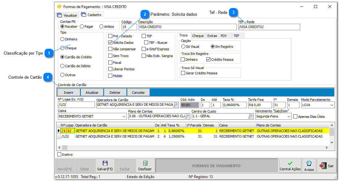4.3.4. Configurações de Taxas e Tarifas - Forma de pagamento