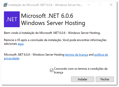3.1.2. Instalação DotNET Hosting / FrameWork