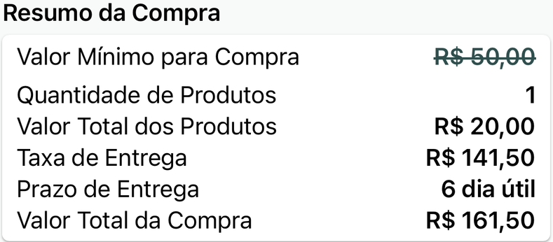 1. Resumo de compra: Entrega Correios