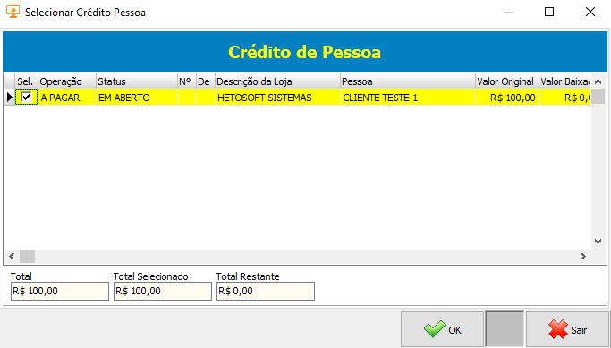 1. Seleção de crédito (F8)